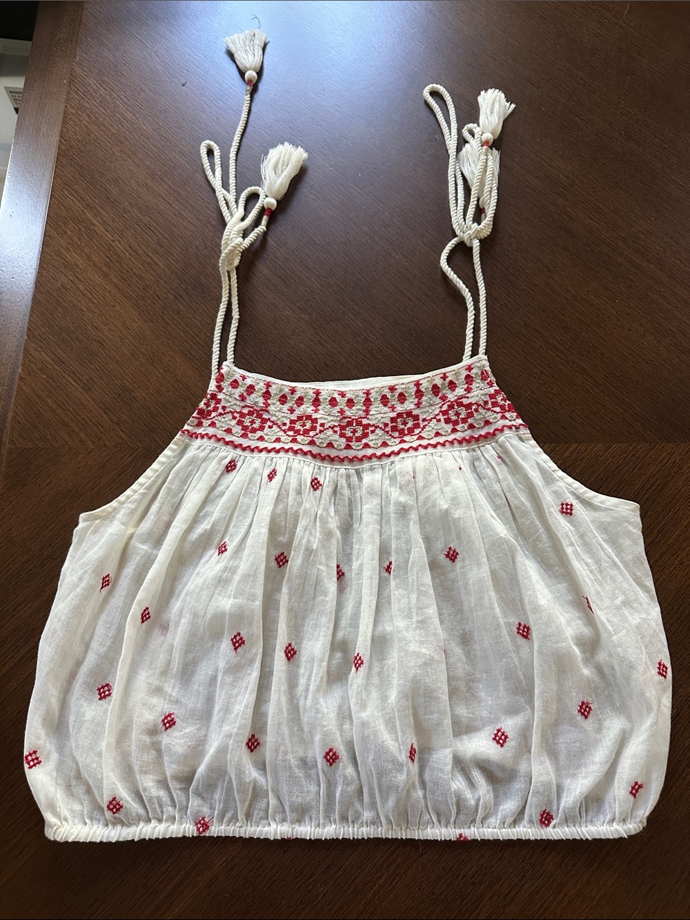 Free People White Cream Boho Embroidered Crop Cami with Red Accents